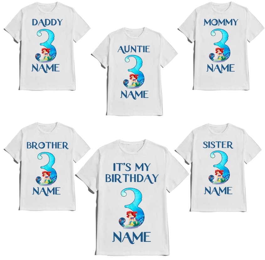 Birthday Mermaid Girl T-Shirt Family Customize Name Age Family Matching Ariel Tees