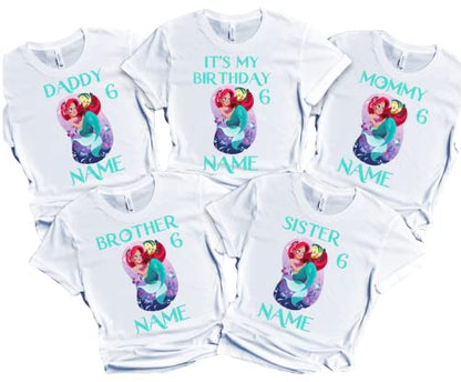 Mermaid Birthday Girl T-Shirt Family Customize Name Age Family Matching Ariel Tees