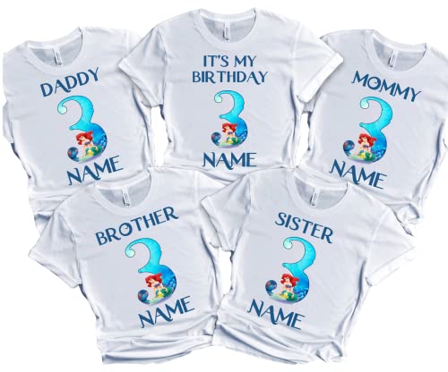 Birthday Mermaid Girl T-Shirt Family Customize Name Age Family Matching Ariel Tees