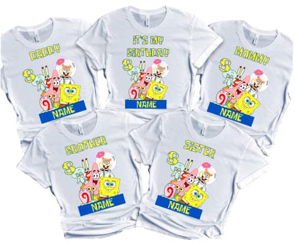 Sponge Birthday Boy Girl Family Matching Tshirts Custom Shirt Custom Name Age Kids Party Tees